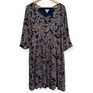 Garnet Hill Paisley Boho Peasant Dress 3/4 Sleeves Pockets Size 12